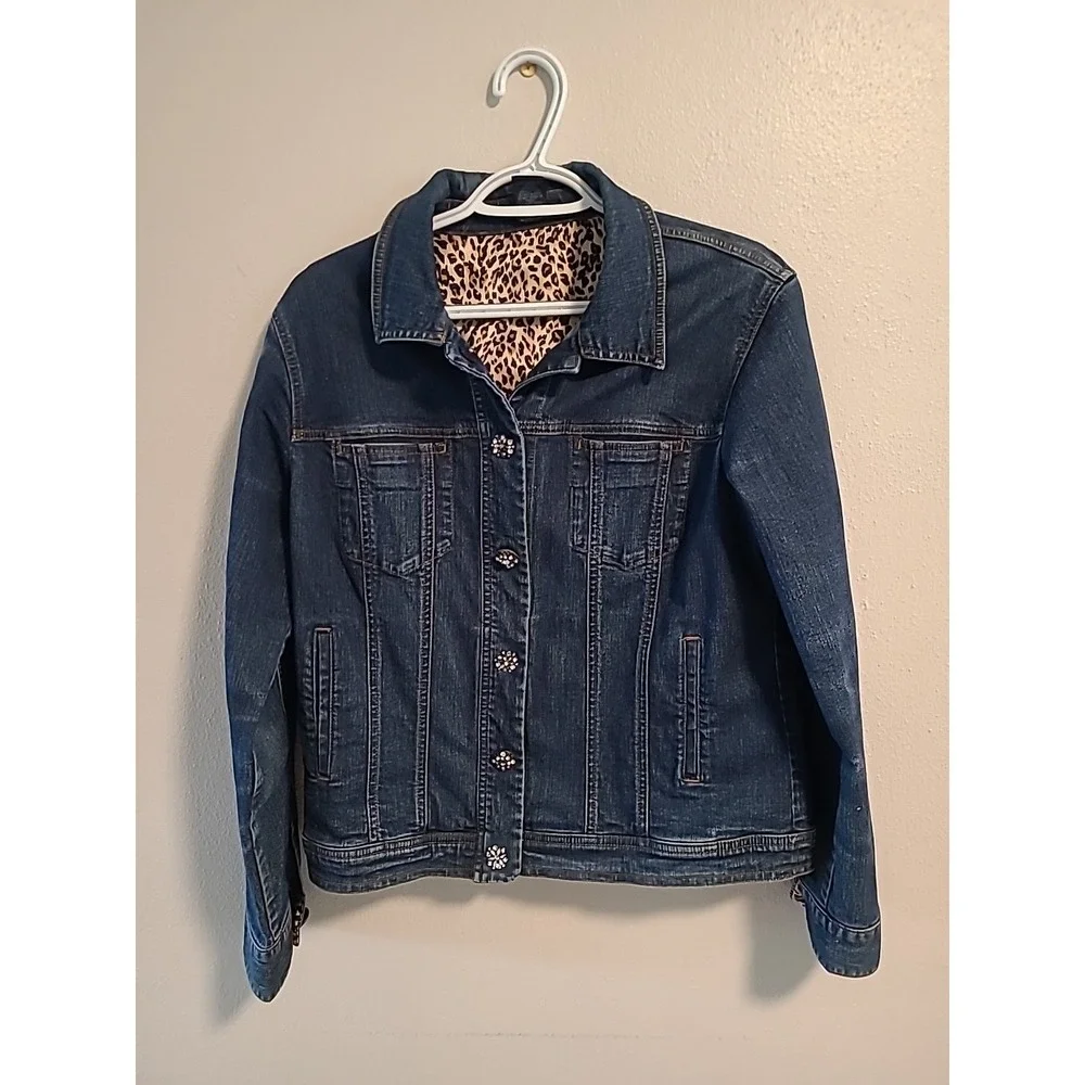 Westbound Vintage Dark Wash Jean Jacket Rhinestone Buttons Women 8‎ Animal Print